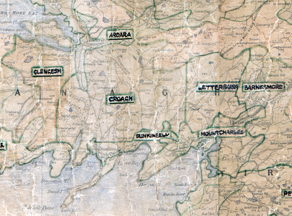 A scanned, worn historical map from the 1940s of the  rural electrification area around Croagh. A  hand‑drawn boundary outlines the region.