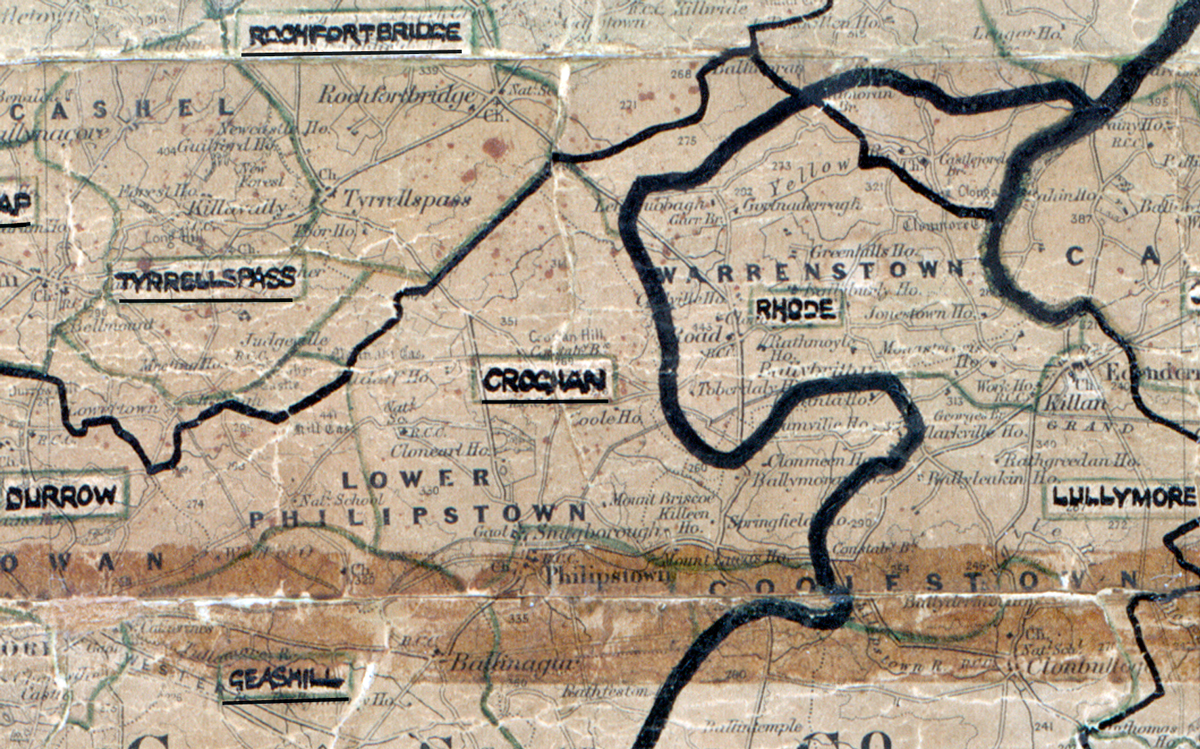 A scanned, worn historical map from the 1940s of the rural electrification area around Croghan. A hand‑drawn boundary outlines the region, including Rochfortbridge, Tyrrellspass, Lower Philipstown, Lullymore, Durrow, and Seashill.