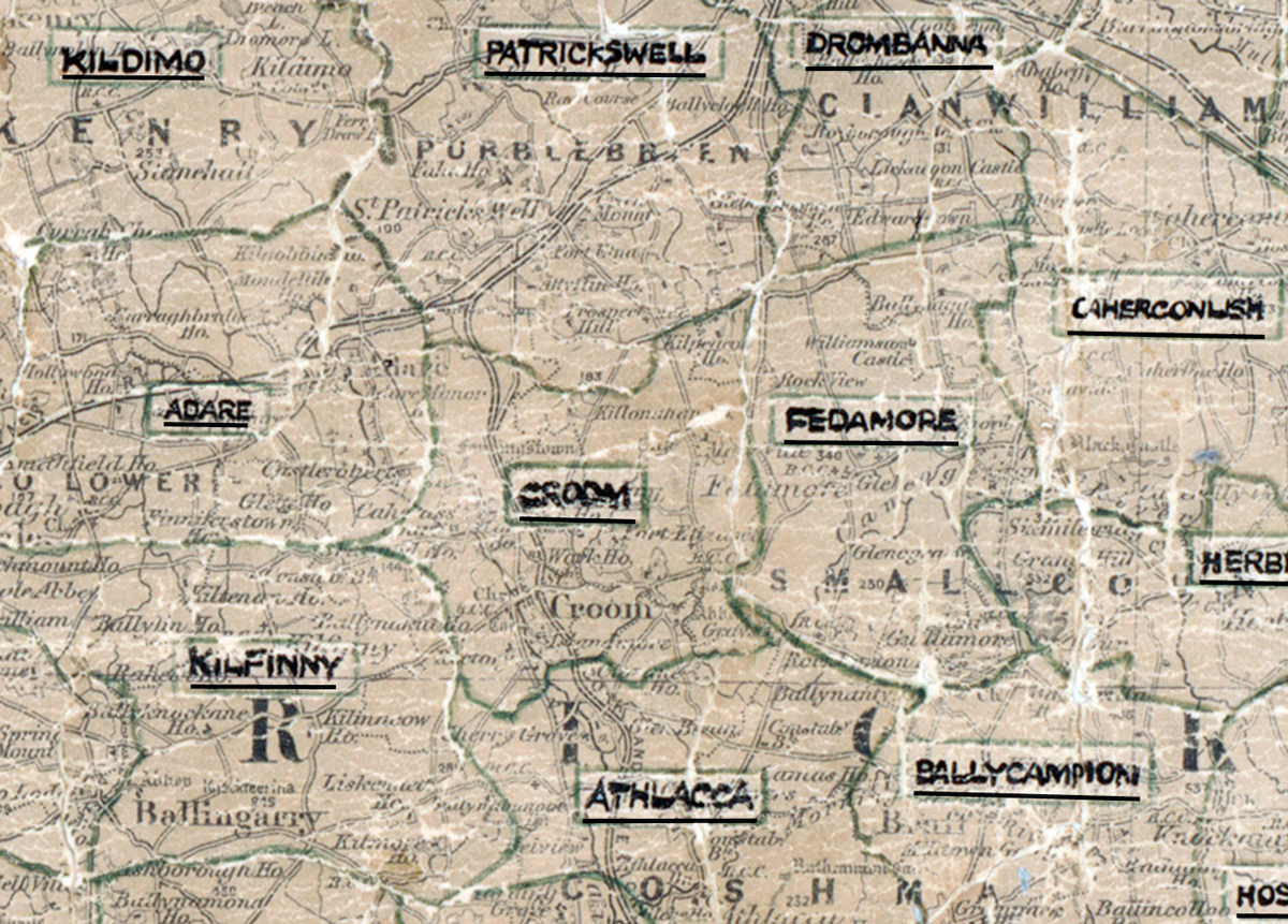 A scanned, worn historical map from the 1940s of the  rural electrification area around Croom.
