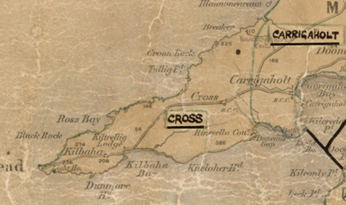 “A scanned, worn historical map from the 1940s of the rural electrification area around Cross. A hand‑drawn boundary outlines the region, including Carrigaholt.