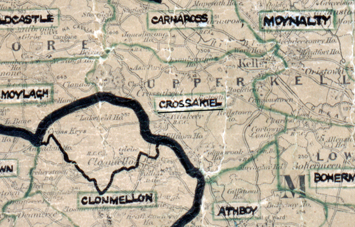 A scanned, worn historical map from the 1940s of the  rural electrification area around  Crossakiel. A hand‑drawn boundary outlines the region, including Carnaross, Moylagh, Moynalty, Clonmellon and Bohermeen.