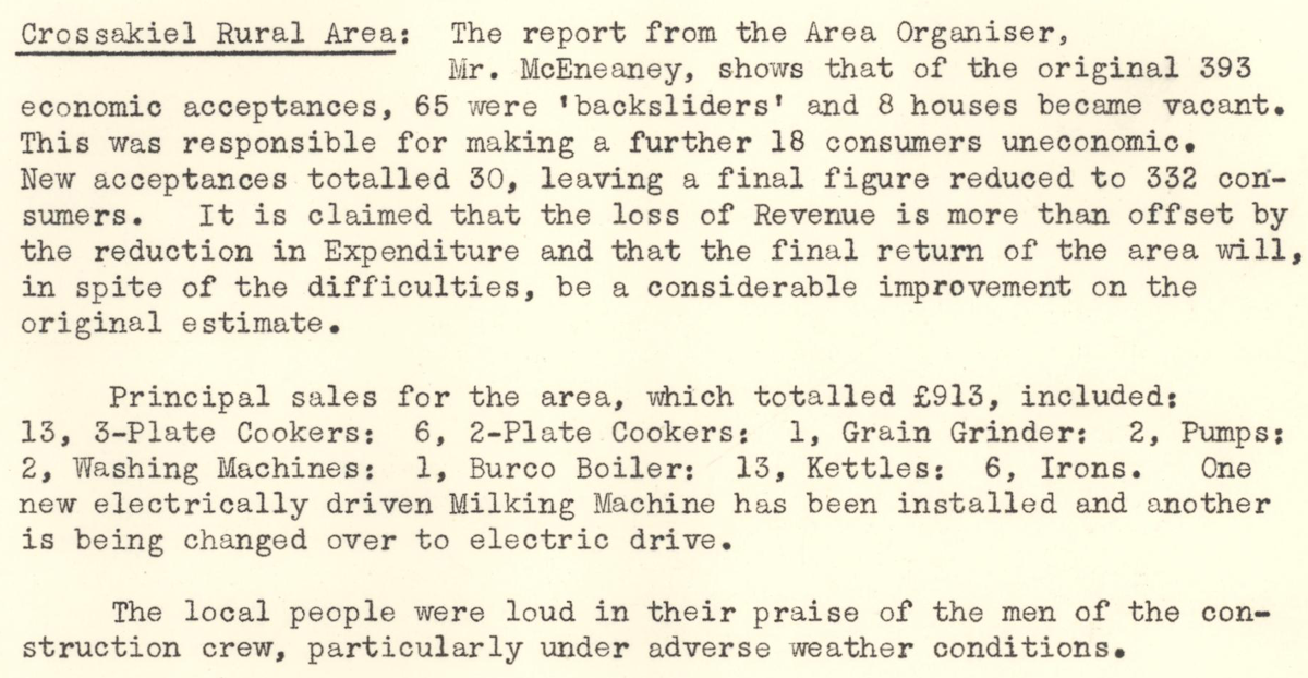 A scanned page from the ESB REO magazine about the Crossakiel Rural Area.