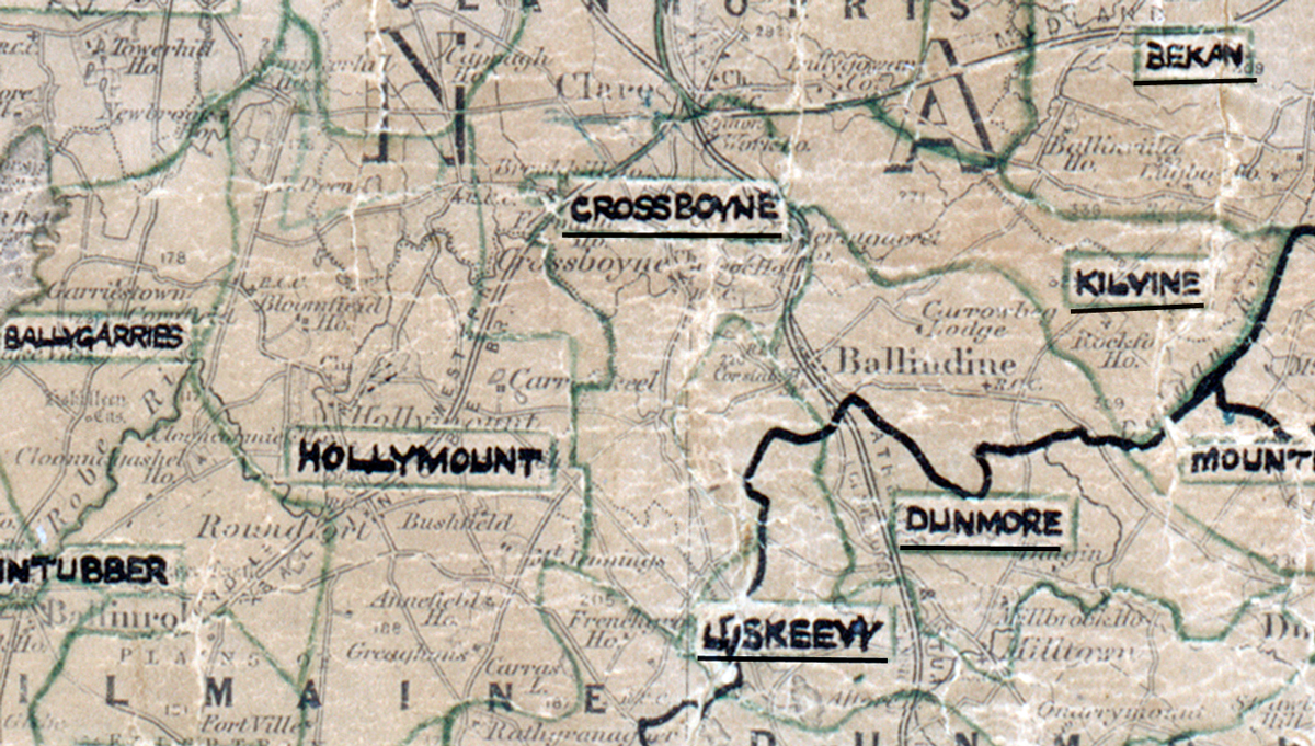 “A scanned, worn historical map from the 1940s of the rural electrification area around Crossboyne. A hand‑drawn boundary outlines the region, including Dunmore and Hollymount.
