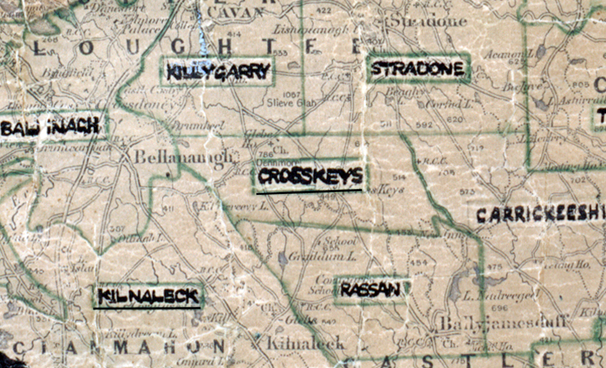 A scanned, worn historical map from the 1940s of the  rural electrification area around Crosskeys. A  hand‑drawn boundary outlines the region.
