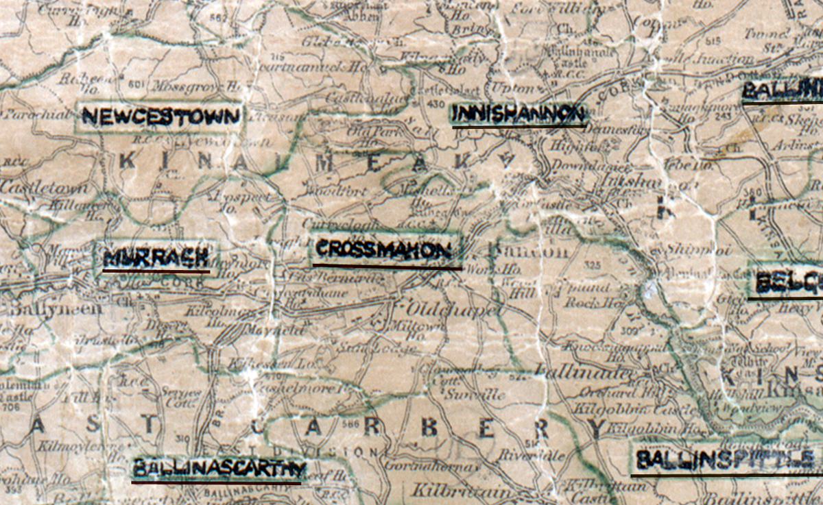 A scanned, worn historical map from the 1940s of the  rural electrification area around  Crossmahon. A hand‑drawn boundary outlines the region, including Newcestown, Murragh, Innishannon, Belgooly and Ballinascarthy.