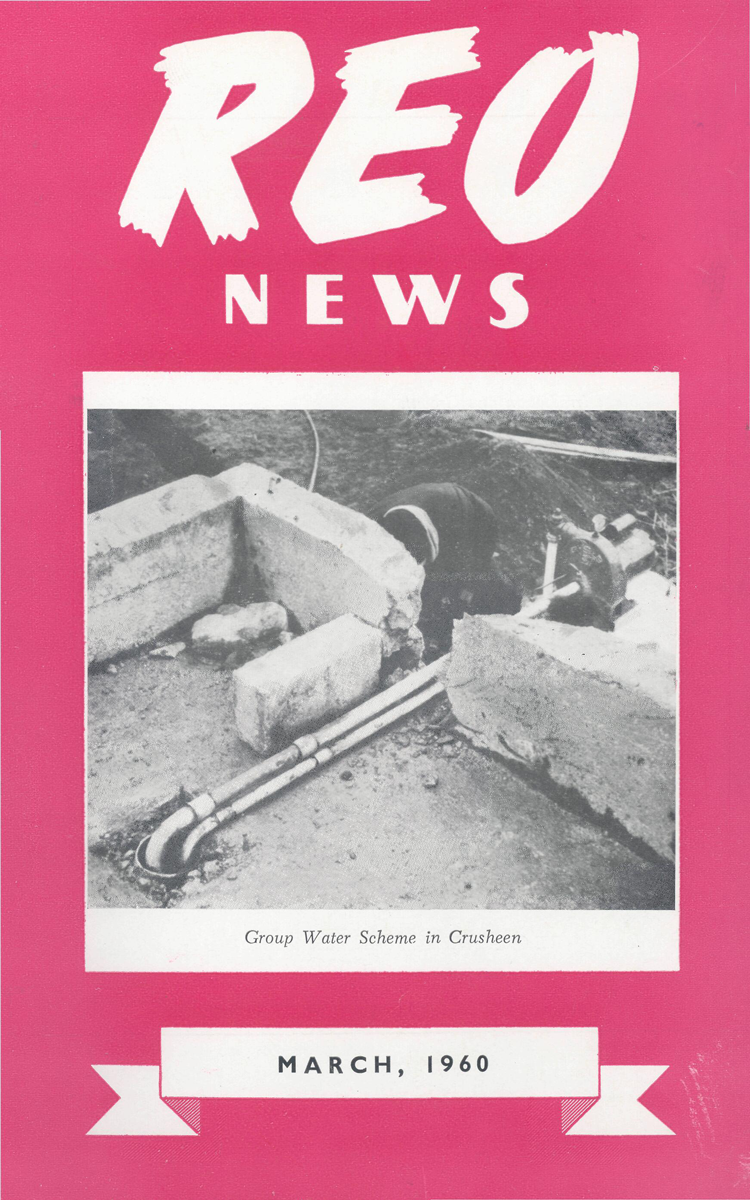 Cover of the March 1960 issue of REO News showing a black‑and‑white photo of a group water scheme in Crusheen, featuring pipes and a small pump installation set in a concrete trench. The cover is bright pink with the title ‘REO News’ at the top.
