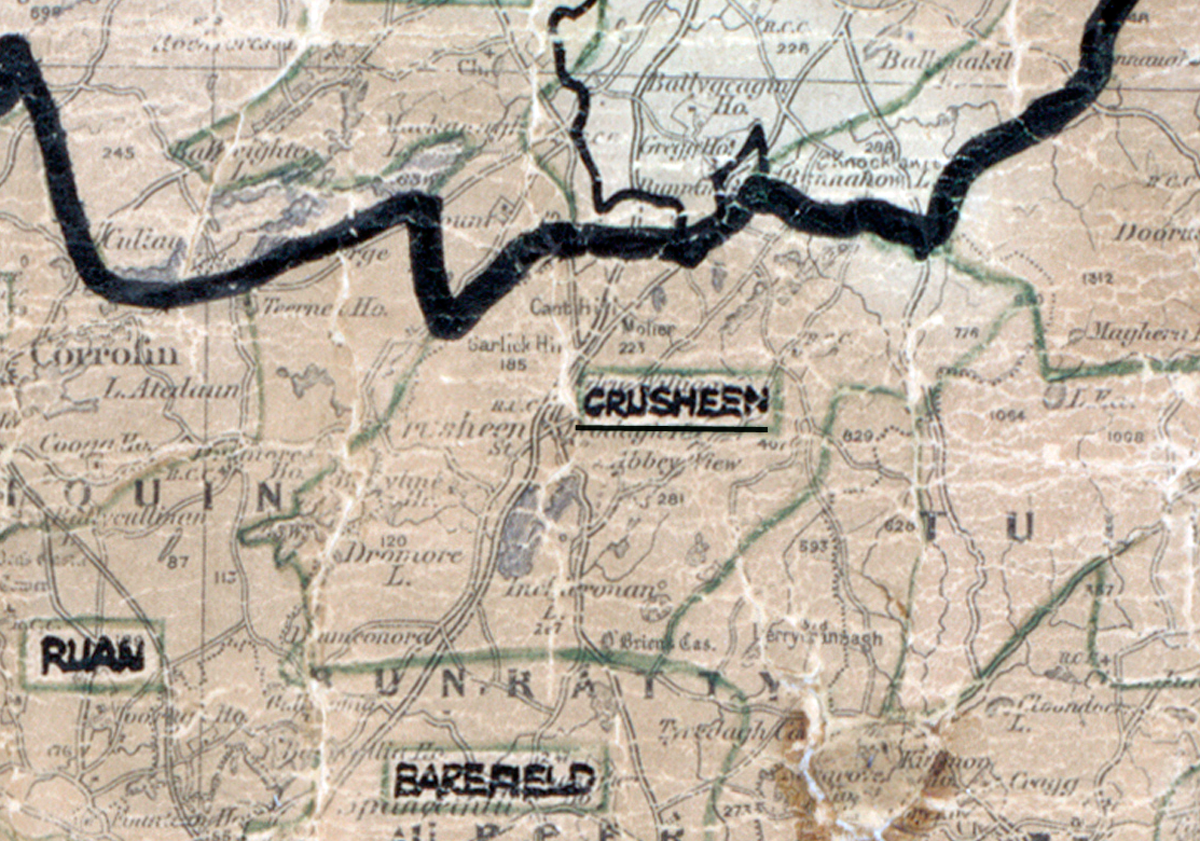 “A scanned, worn historical map from the 1940s of the rural electrification area around Crusheen. A hand‑drawn boundary outlines the region, including Ruan.