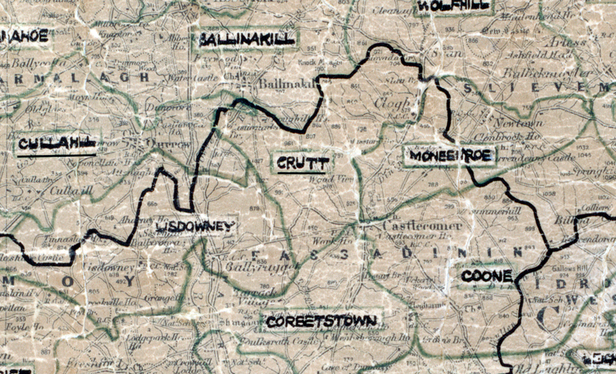 “A scanned, worn historical map from the 1940s of the rural electrification area around Crutt. A hand‑drawn boundary outlines the region, including Coone.