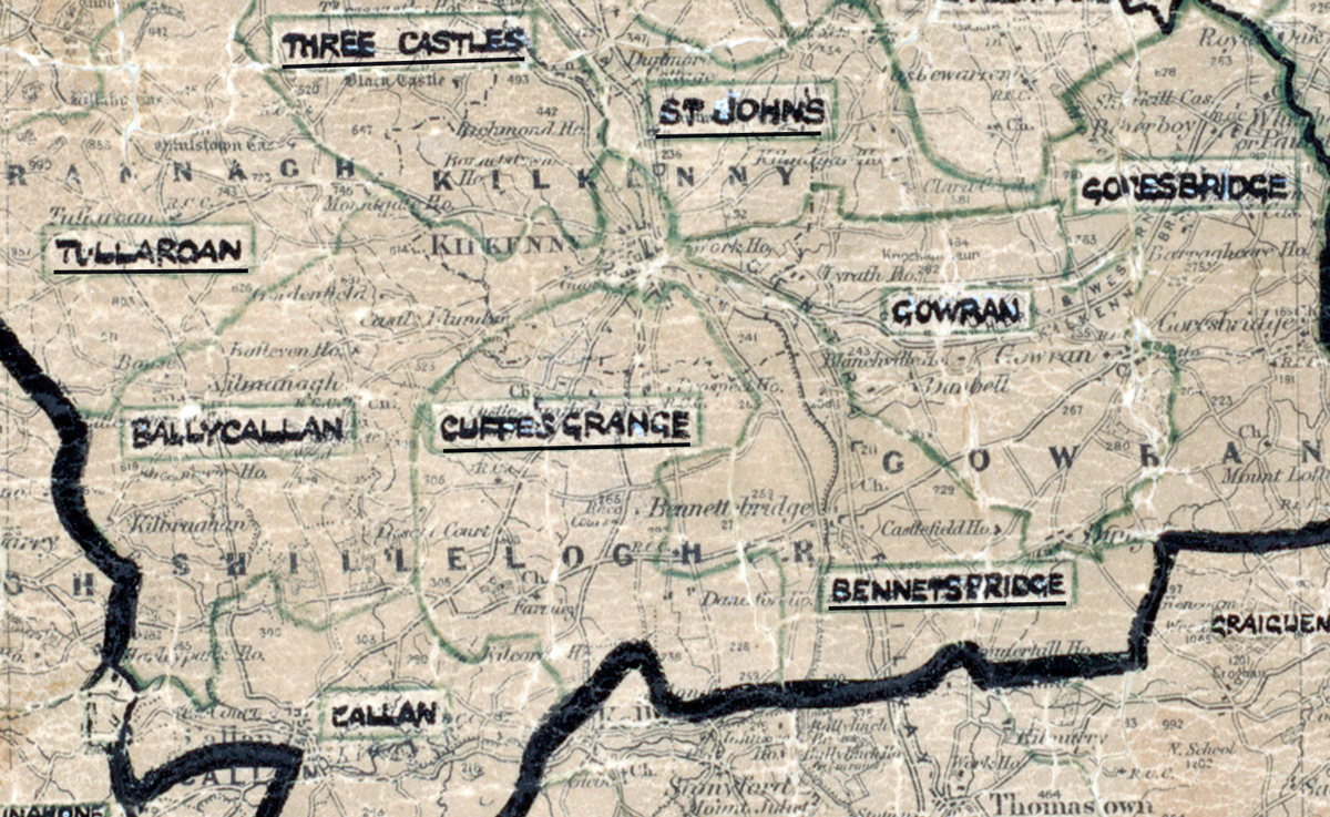 “A scanned, worn historical map from the 1940s of the rural electrification area around Cuffe's Grange. A hand‑drawn boundary outlines the region, including St Johns.