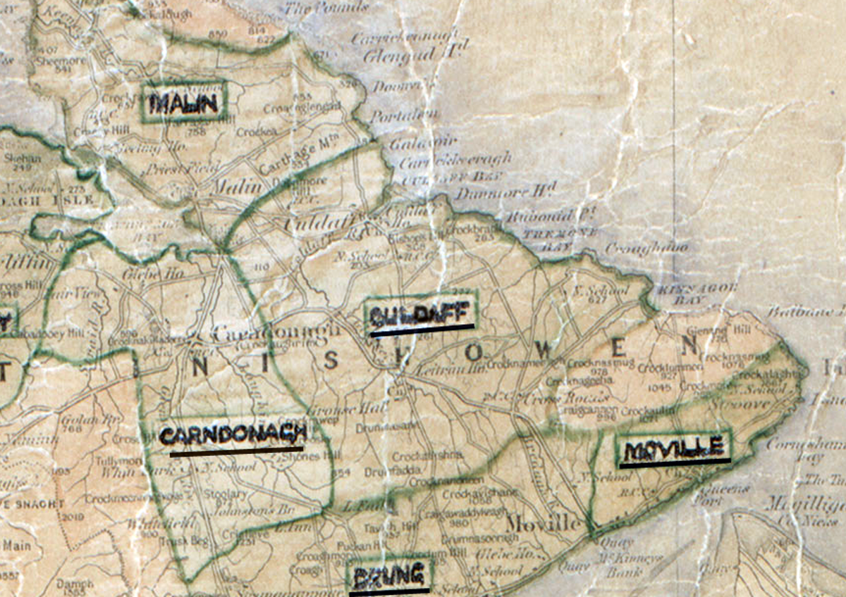 A scanned, worn historical map from the 1940s of the  rural electrification area around Culdaff.