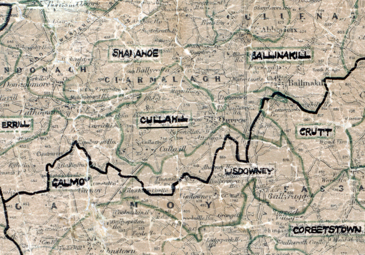 A scanned, worn historical map from the 1940s of the  rural electrification area around Cullahill. A hand‑drawn boundary outlines the region, including Shanahoe, Ballinakill, Gorterril, Calmo, Grutt, Lisdowney and Corcetstown.