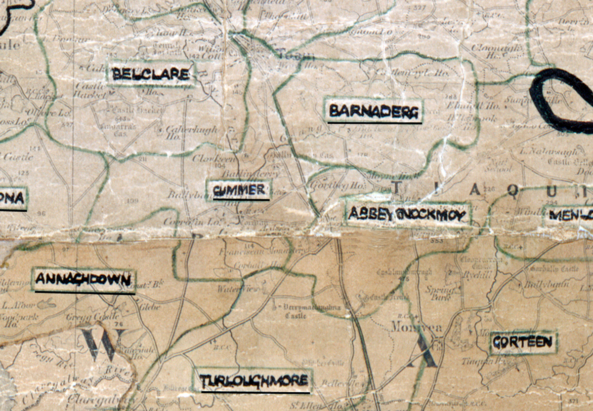 A scanned, worn historical map from the 1940s of the rural electrification area around Cummer. A hand-drawn boundary outlines the region.