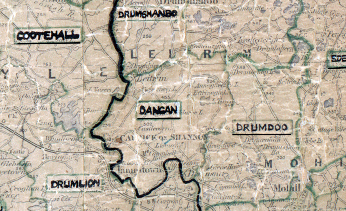 A scanned, worn historical map from the 1940s of the  rural electrification area around  Dangan. A hand‑drawn boundary outlines the region, including Cootehall, Drumshanbo, Drumdoo and Drumlion.