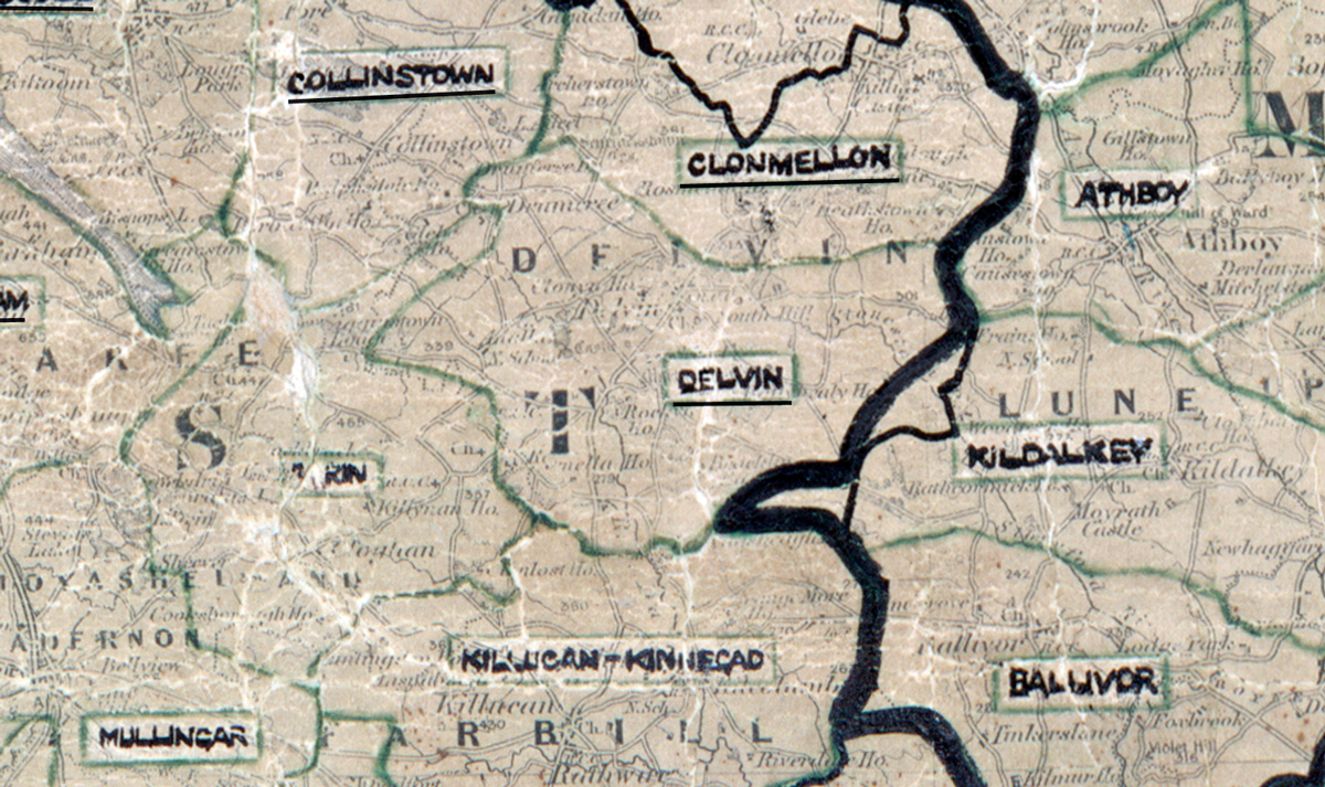 A scanned, worn historical map from the 1940s of the rural electrification area around Delvin. A hand-drawn boundary outlines the region.