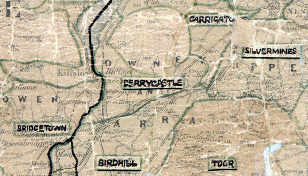 A scanned, worn historical map from the 1940s of the rural electrification area around Derrycastle. A hand‑drawn boundary outlines the region, including Birdhill and Bridgetown.