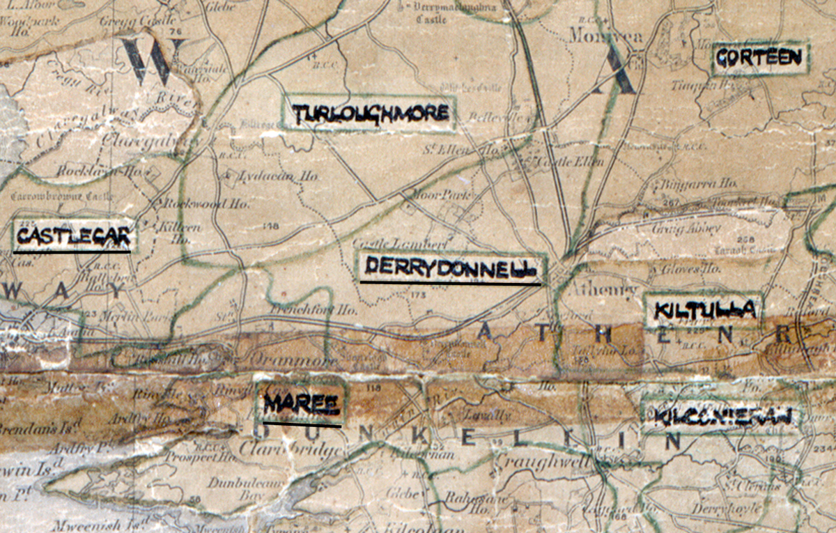 A scanned, worn historical map from the 1940s of the  rural electrification area around Derrydonnell. A  hand‑drawn boundary outlines the region.