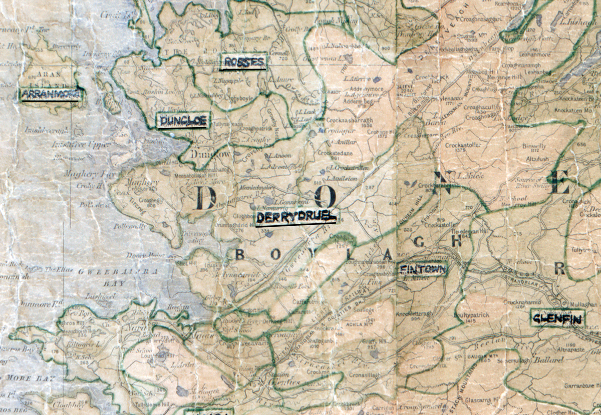 A scanned, worn historical map from the 1940s of the  rural electrification area around Derrydruel. A  hand‑drawn boundary outlines the region,.