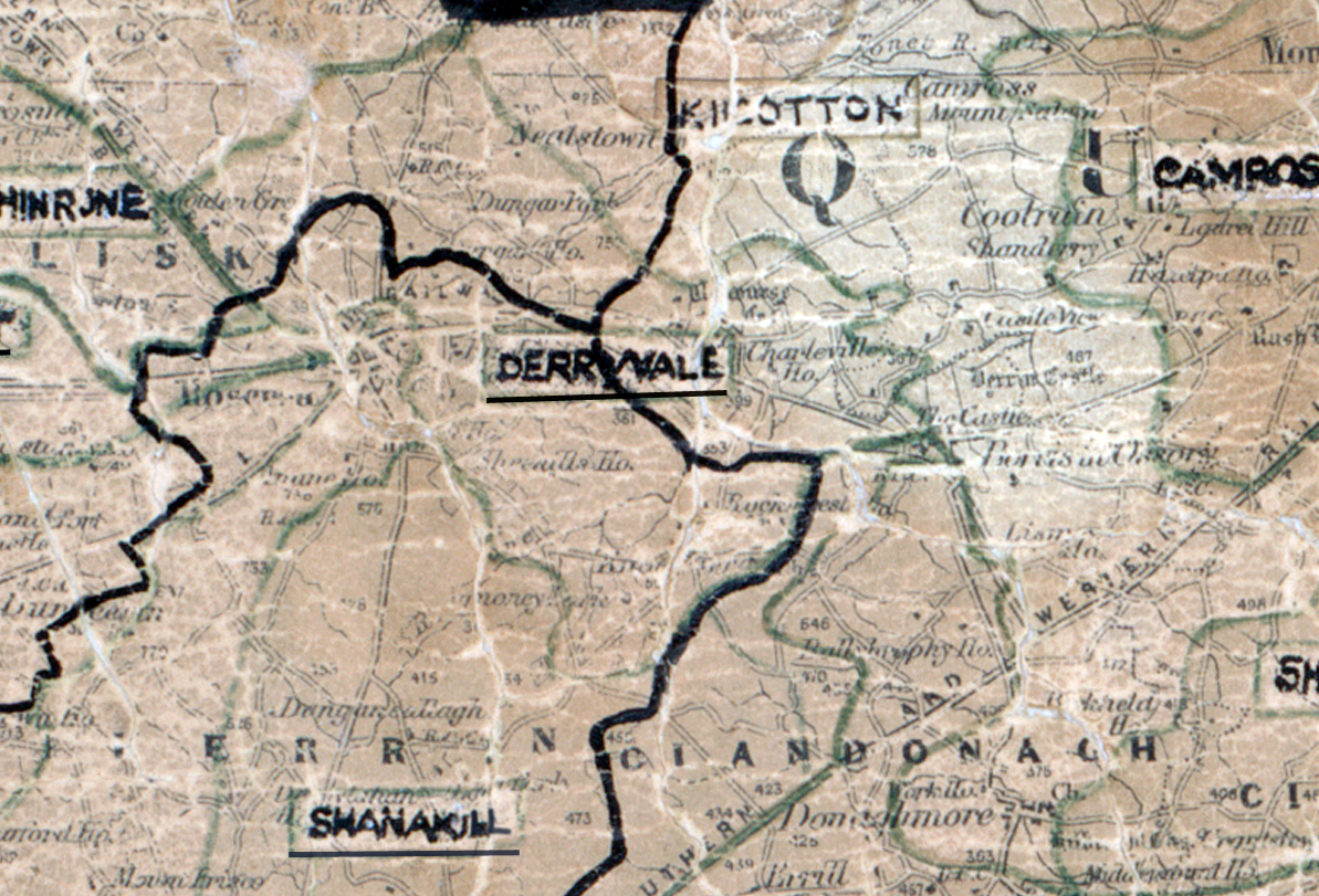 “A scanned, worn historical map from the 1940s of the rural electrification area around Derryvale. A hand‑drawn boundary outlines the region, including Shanakill.