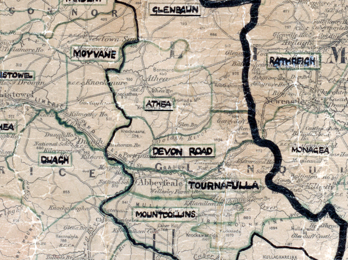A scanned, worn historical map from the 1940s of the  rural electrification area around Devon Road. A  hand‑drawn boundary outlines the region.