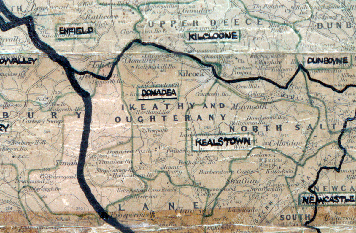 A scanned, worn historical map from the 1940s of the  rural electrification area around  Donadea. A hand‑drawn boundary outlines the region, including Enfield, Kilcloone, Dunboyne, Kealstown and Newcastle.