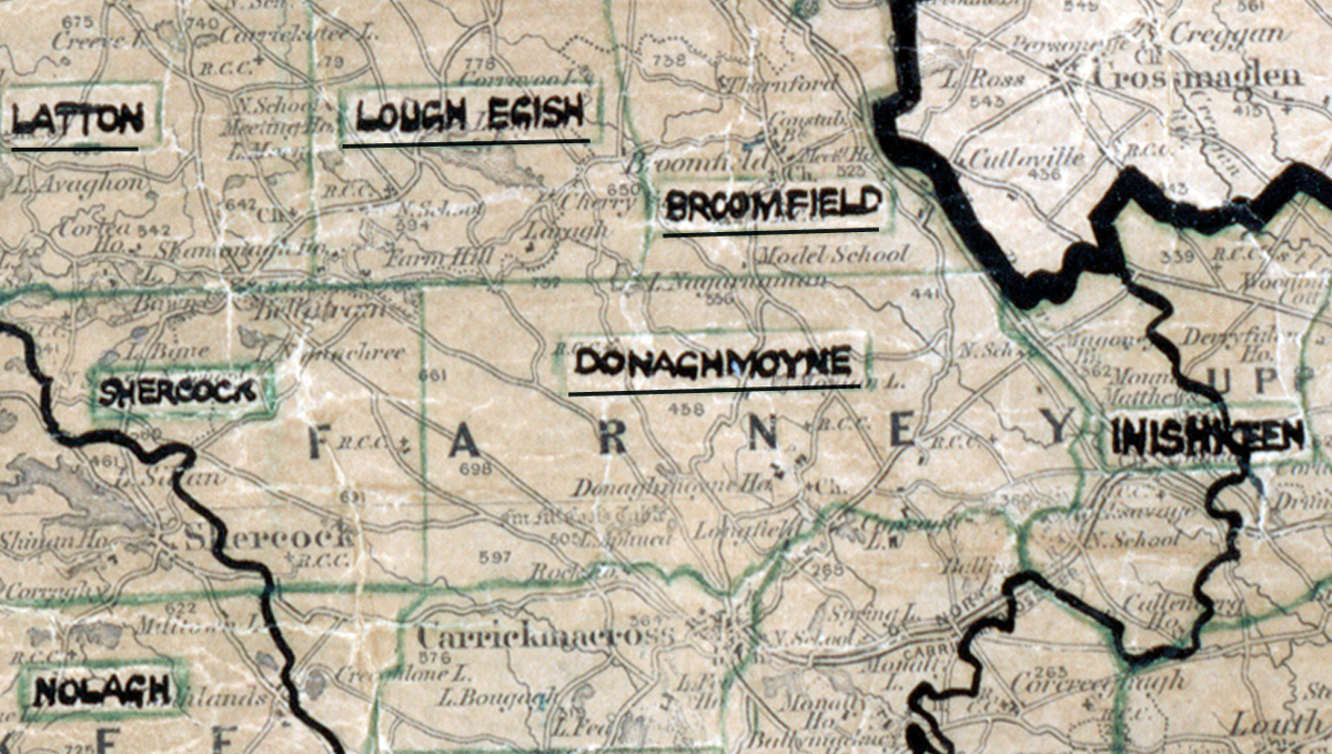 “A scanned, worn historical map from the 1940s of the rural electrification area around Donaghmoyne. A hand‑drawn boundary outlines the region, including Nolagh.