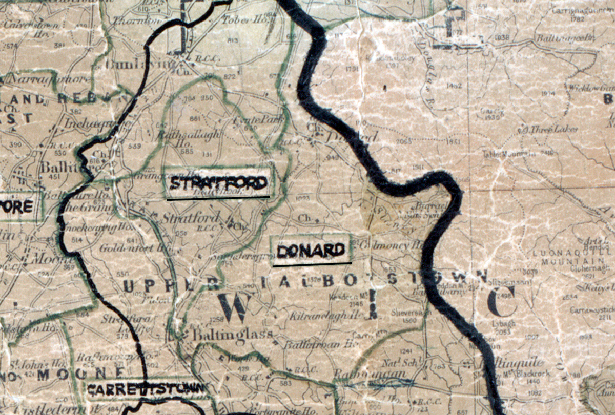 A scanned, worn historical map from the 1940s of the rural electrification area around Donard. A hand‑drawn boundary outlines the region, including Stratford.