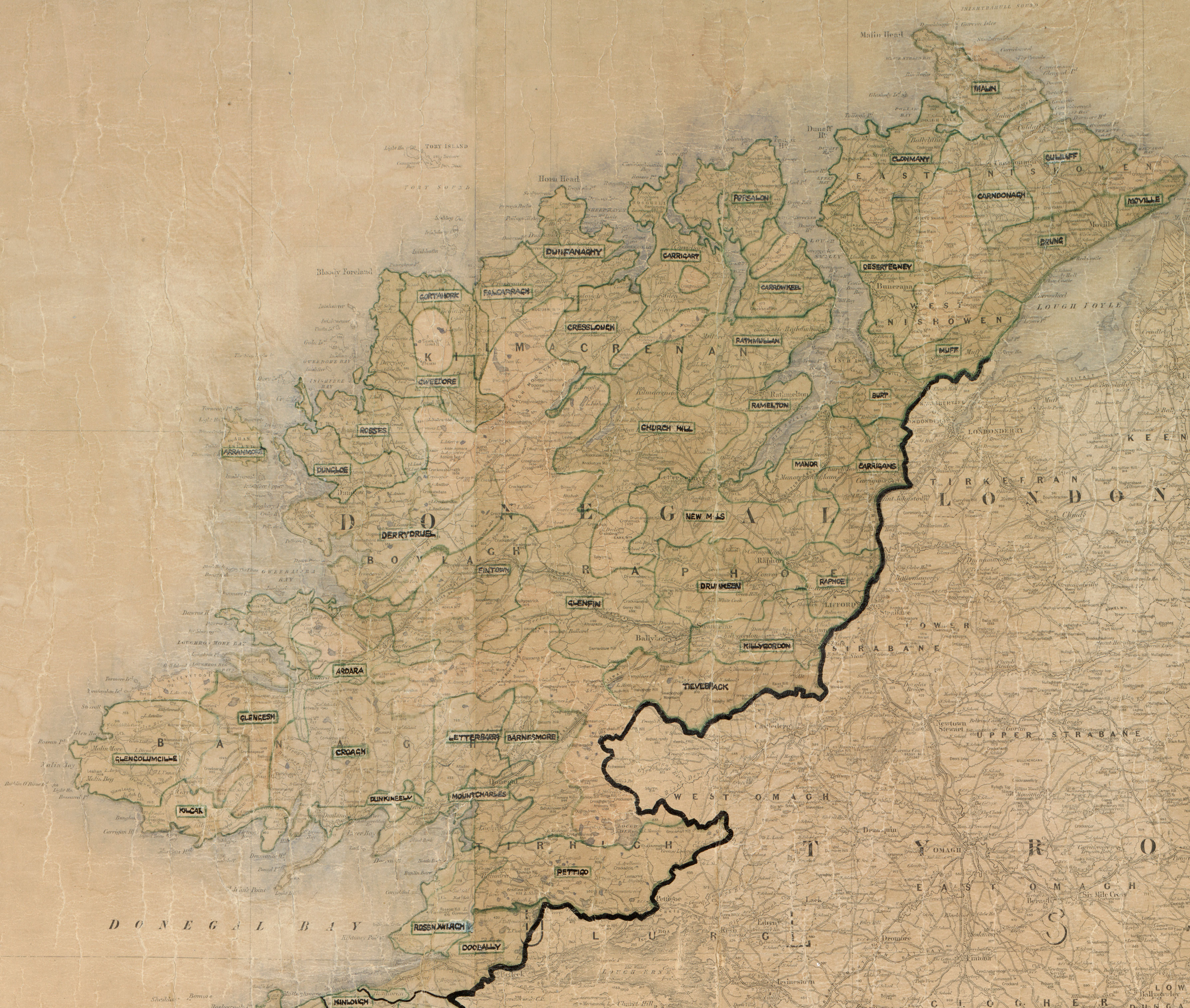 Map showing rural electrification area boundaries in County Donegal.