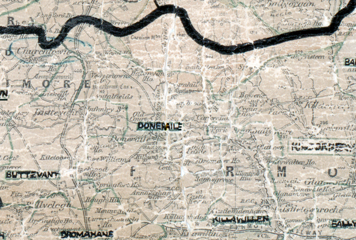 A scanned, worn historical map from the 1940s of the  rural electrification area around  Doneraile. A hand‑drawn boundary outlines the region, including Buttevant, Dromahane and Killavullen.