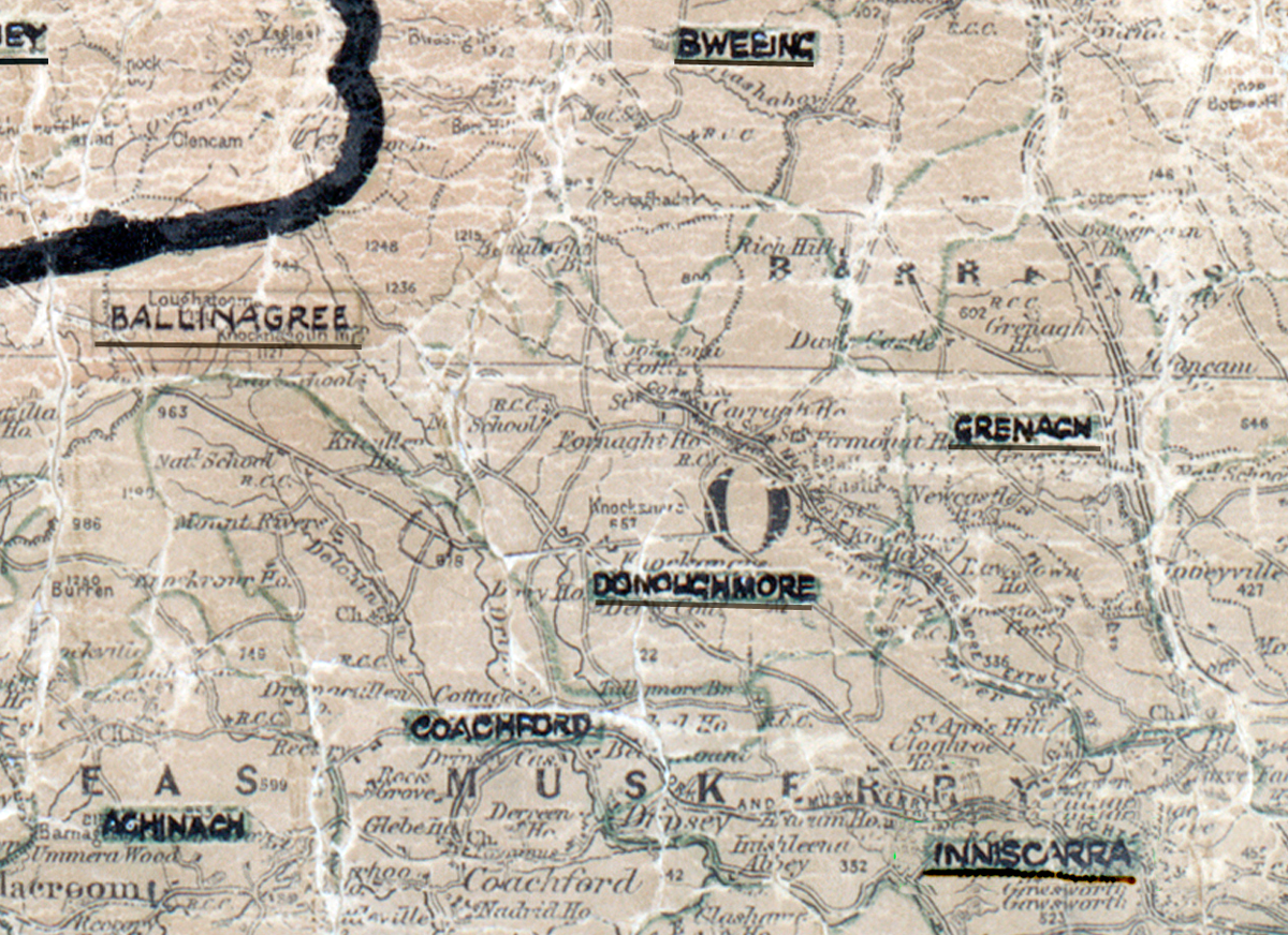 A scanned, worn historical map from the 1940s of the  rural electrification area around  Donoughmore. A hand‑drawn boundary outlines the region, including Ballinagree, Bweeng, Aghinagh, Grenagh, Coachford and Inniscarra.