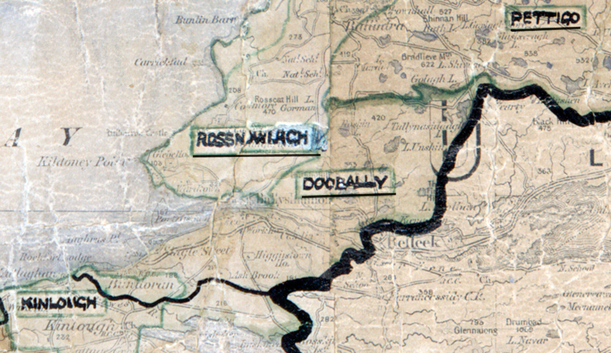 A scanned, worn historical map from the 1940s of the rural electrification area around Doobally. A hand-drawn boundary outlines the region.