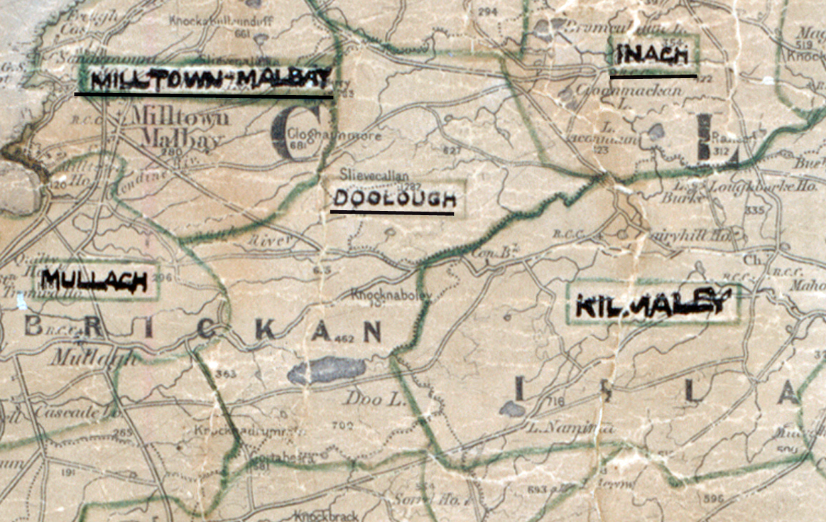 A scanned, worn historical map from the 1940s of the rural electrification area around Doolough. A hand‑drawn boundary outlines the region, including Mullagh, Inach and Kilmaley.