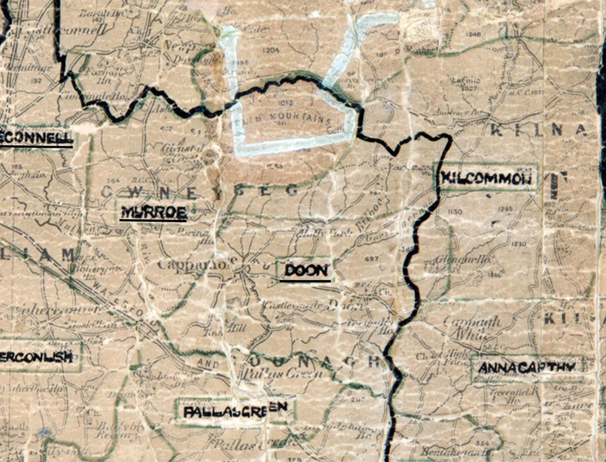 A scanned, worn historical map from the 1940s of the rural electrification area around Doon. A hand-drawn boundary outlines the region.