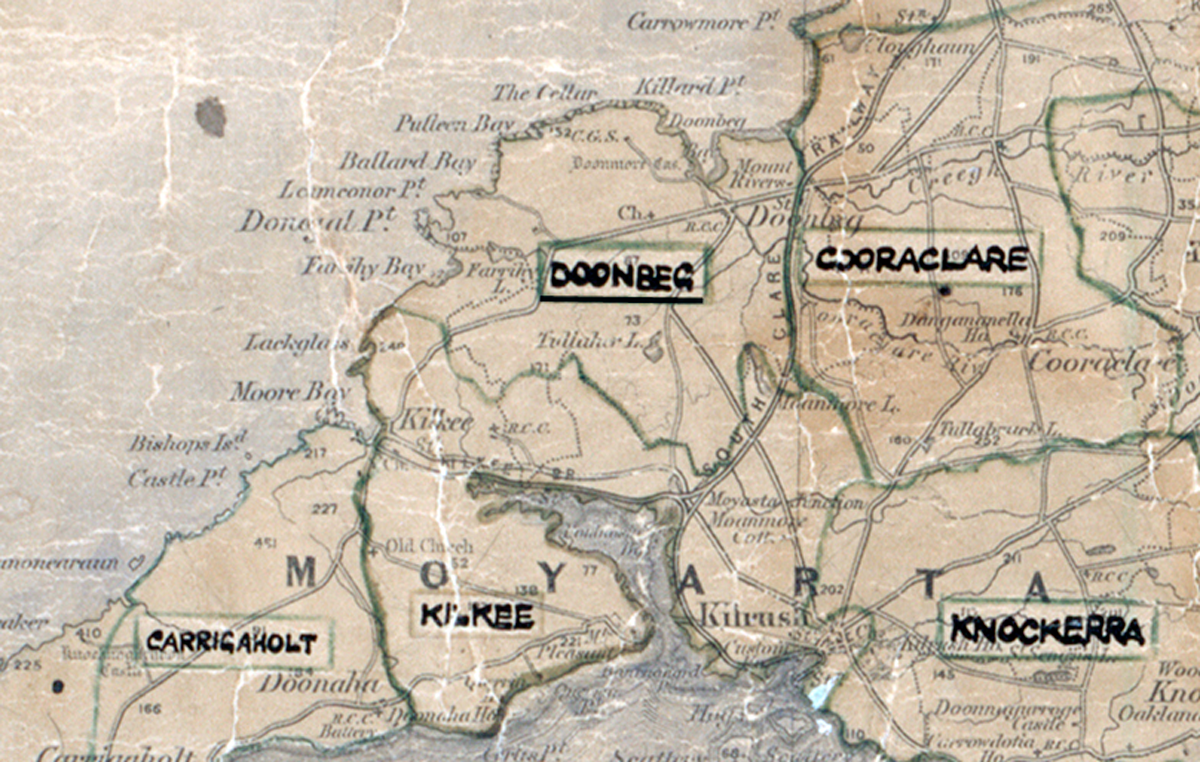 “A scanned, worn historical map from the 1940s of the rural electrification area around Doonbeg. A hand‑drawn boundary outlines the region, including Carrrigaholt.