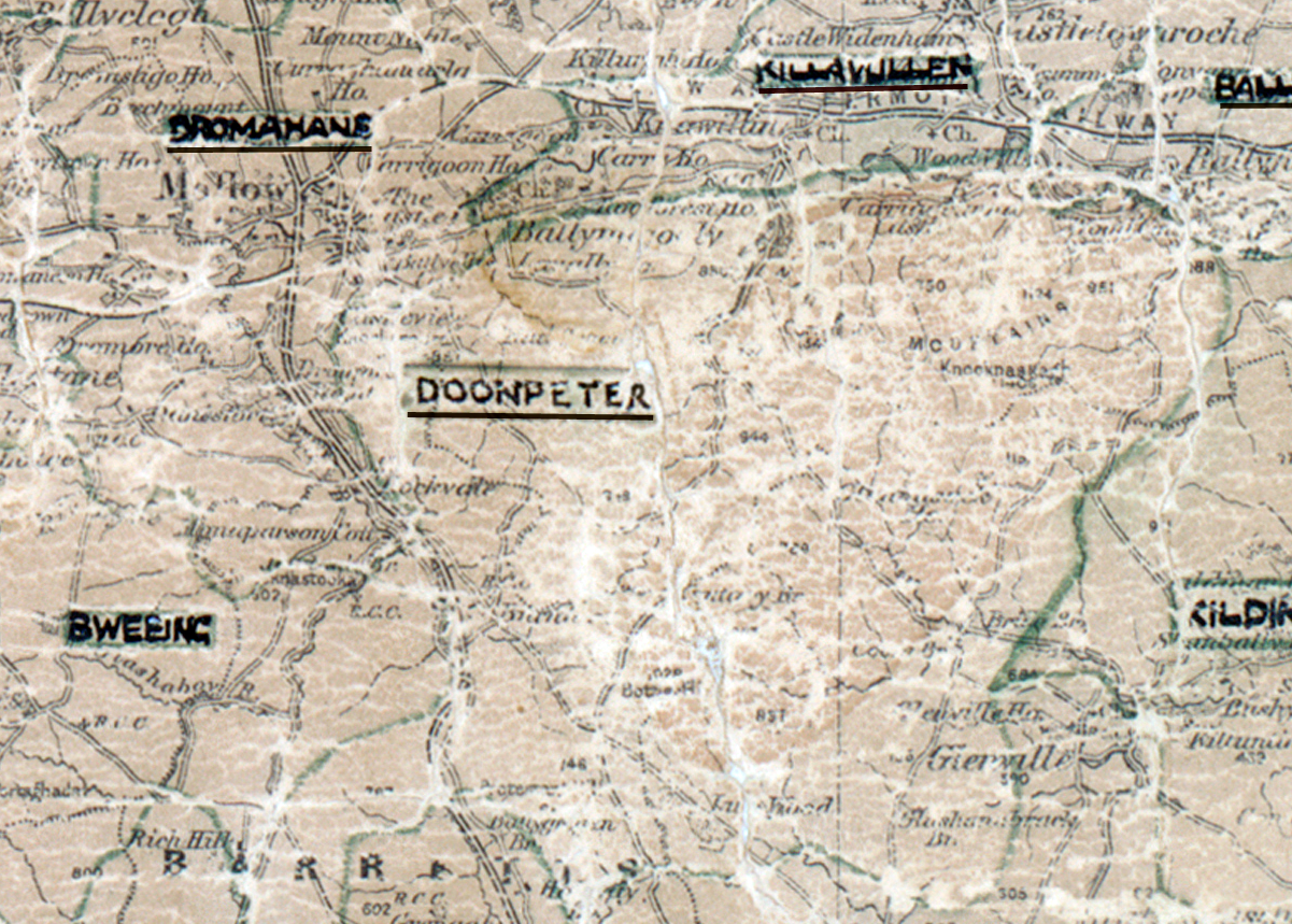 A scanned, worn historical map from the 1940s of the  rural electrification area around Doonpeter. A hand‑drawn boundary outlines the region, including Killavullen, Dromahane and Bweeng.