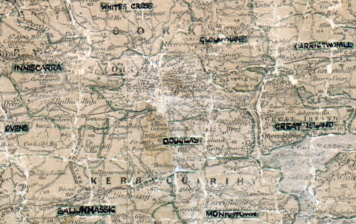 A  scanned, worn historical map from the 1940s of the  rural electrification area around  Douglas. A hand‑drawn boundary outlines the region, including Whites Cross, Inniscarra, Ovens, Glounthane and Great Island.