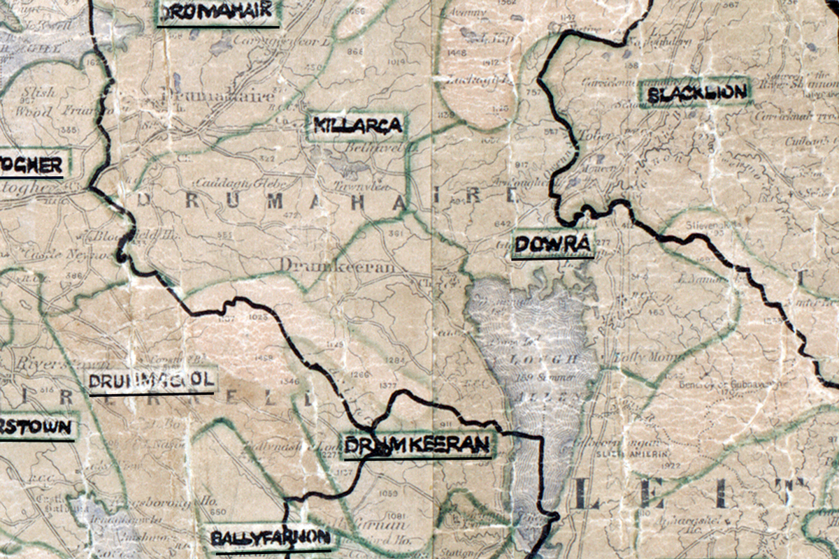 A scanned, worn historical map from the 1940s of the rural electrification area around Dowra. A hand-drawn boundary outlines the region.