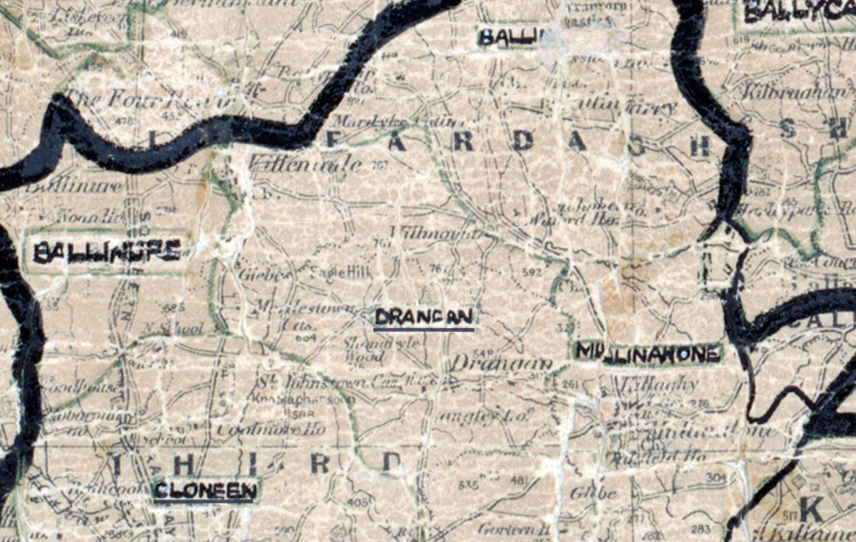 “A scanned, worn historical map from the 1940s of the rural electrification area around Drangan. A hand‑drawn boundary outlines the region, including Cloneen.