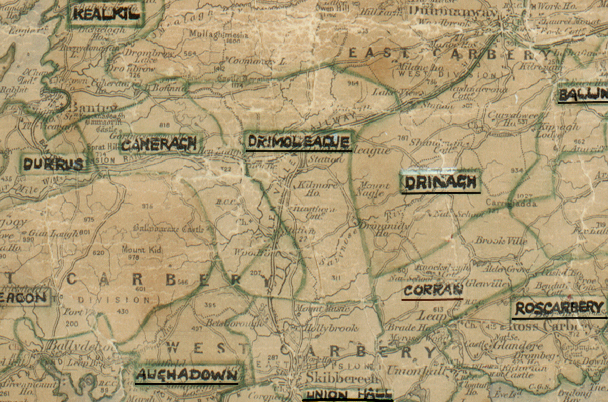 A scanned, worn historical map from the 1940s of the  rural electrification area around Drimoleague. A hand‑drawn boundary outlines the region, including Kealkil, Cheragh, Durrus, Drinagh, Corran, Aughadown, Union Hall and Rosscarbery.