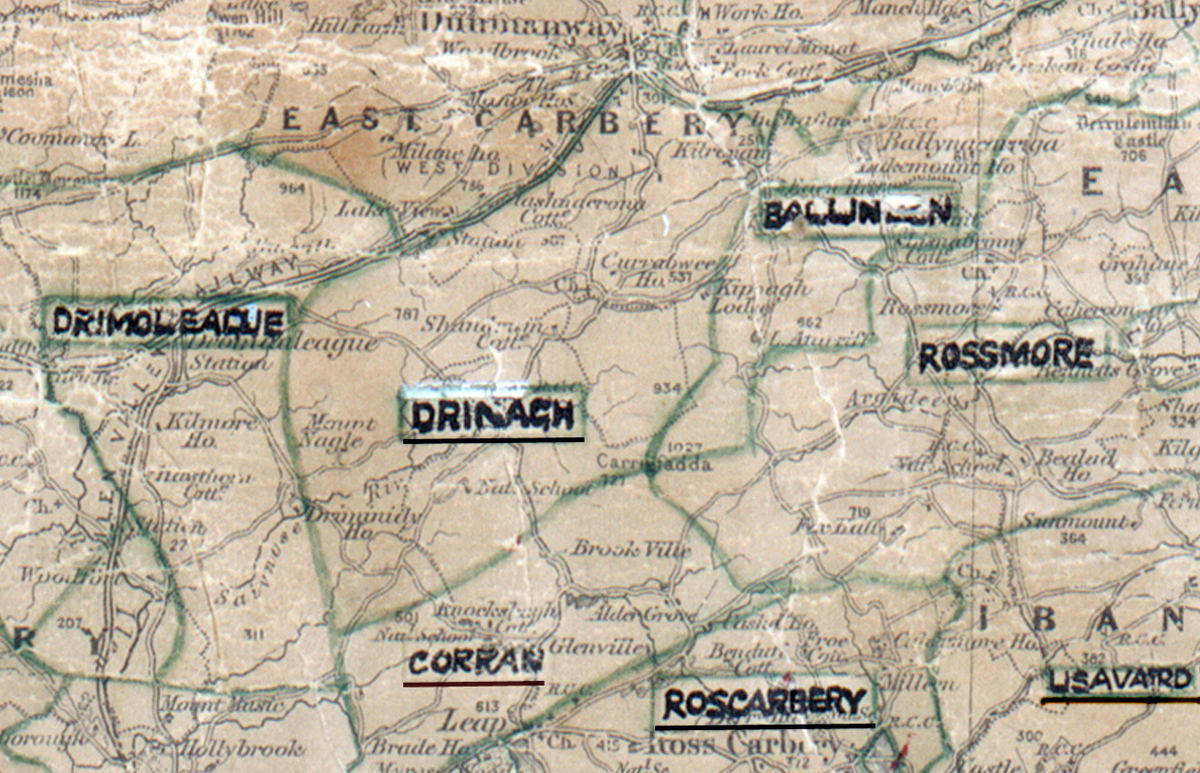 A scanned, worn historical map from the 1940s of the  rural electrification area around  Drinagh. A hand‑drawn boundary outlines the region, including Drimoleaque, Corran, Rossmore, Ballineen, Rossmore, Rosscarbery and Lisavaird.