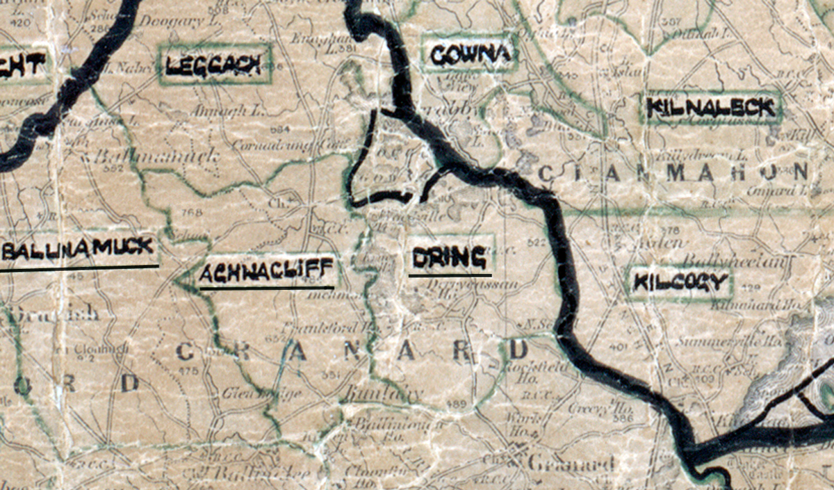 A scanned, worn historical map from the 1940s of the  rural electrification area around Dring. A  hand‑drawn boundary outlines the region.
