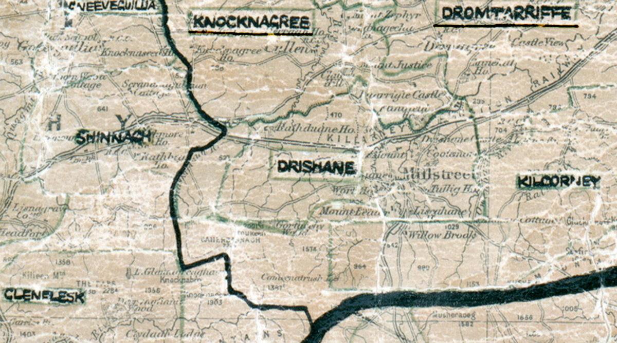A scanned, worn historical map from the 1940s of the  rural electrification area around  Drishane. A hand‑drawn boundary outlines the region, including Shinnagh, Glenelesk, Knocknagree, Dromtrarriffe and Kilcorney.