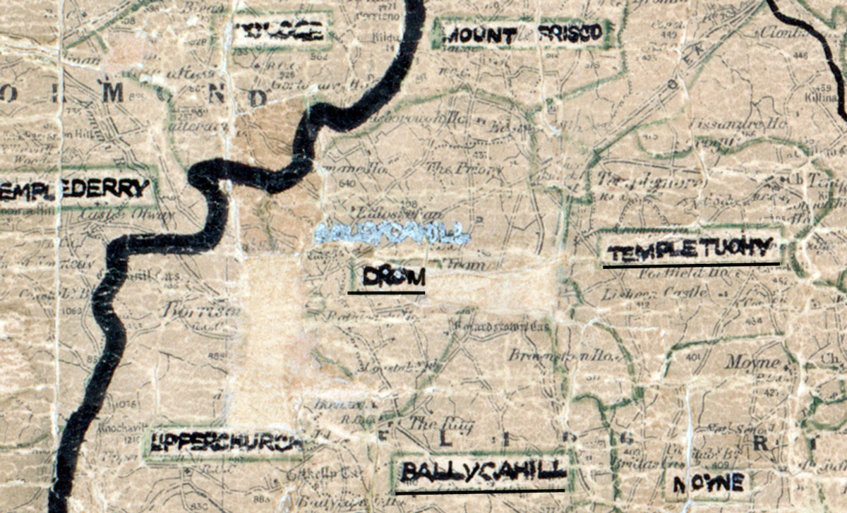 “A scanned, worn historical map from the 1940s of the rural electrification area around Drom. A hand‑drawn boundary outlines the region, including Templetuohy and Ballycahill.