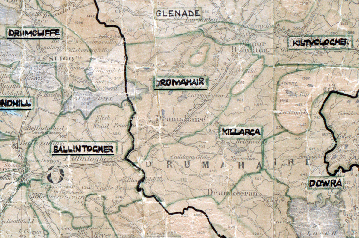 “A scanned, worn historical map from the 1940s of the rural electrification area around Dromamair. A hand‑drawn boundary outlines the region, including Killarca and Glenade.