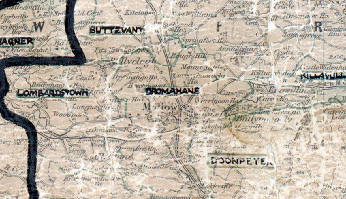 A scanned, worn historical map from the 1940s of the  rural electrification area around  Dromahane. A hand‑drawn boundary outlines the region, including Buttevant, Lombardstown, Doonpeter and Killavullen.