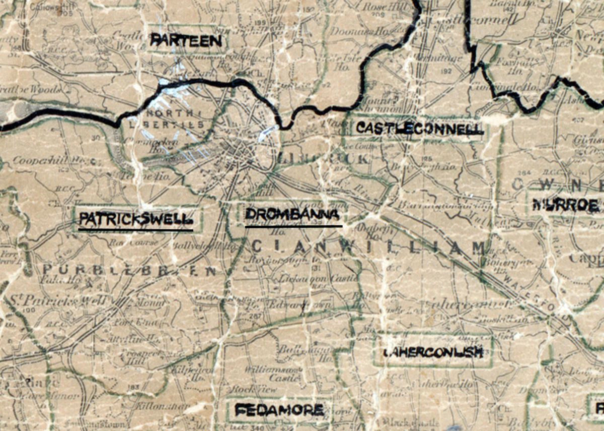 A scanned, worn historical map from the 1940s of the  rural electrification area around Drombanna. A  hand‑drawn boundary outlines the region.