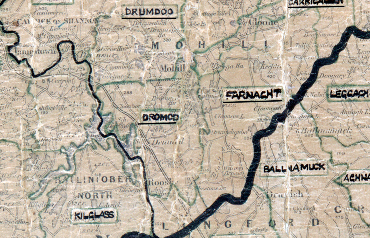 A scanned, worn historical map from the 1940s of the rural electrification area around Dromod. A hand‑drawn boundary outlines the region, including Farnaght.