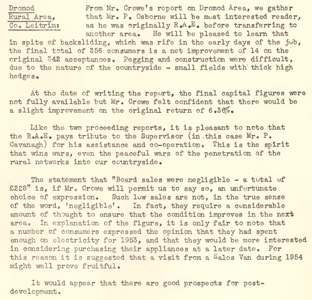 A scanned page from the ESB REO magazine about the Dromod Rural Area
