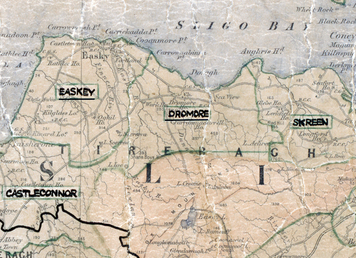 A scanned, worn historical map from the 1940s of the  rural electrification area around  Dromore. A hand‑drawn boundary outlines the region, including Easkey, Skreen and Castleconnor.