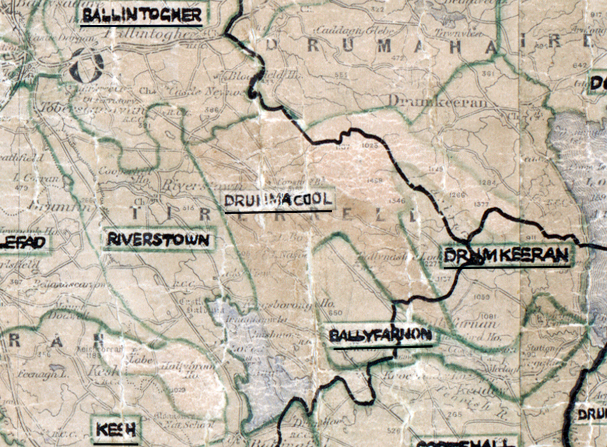 A scanned, worn historical map from the 1940s of the  rural electrification area around Drumacool. A hand‑drawn boundary outlines the region, including Ballintogher, Riverstown, Drumkeeran, Ballyfarnon and Kesh.