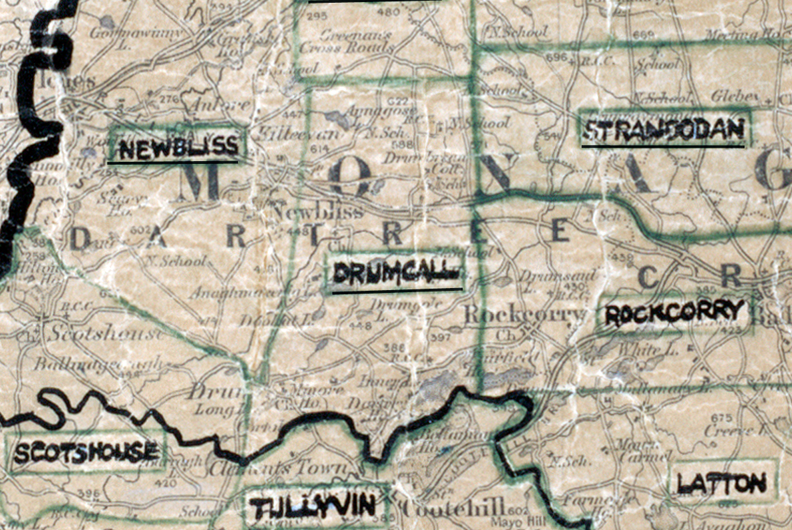 A scanned, worn historical map from the 1940s of the rural electrification area around Drumcall. A hand‑drawn boundary outlines the region, including Newbliss, Stranoodan, Rockcorry, Latton, Tullyvin, and Scotshouse.